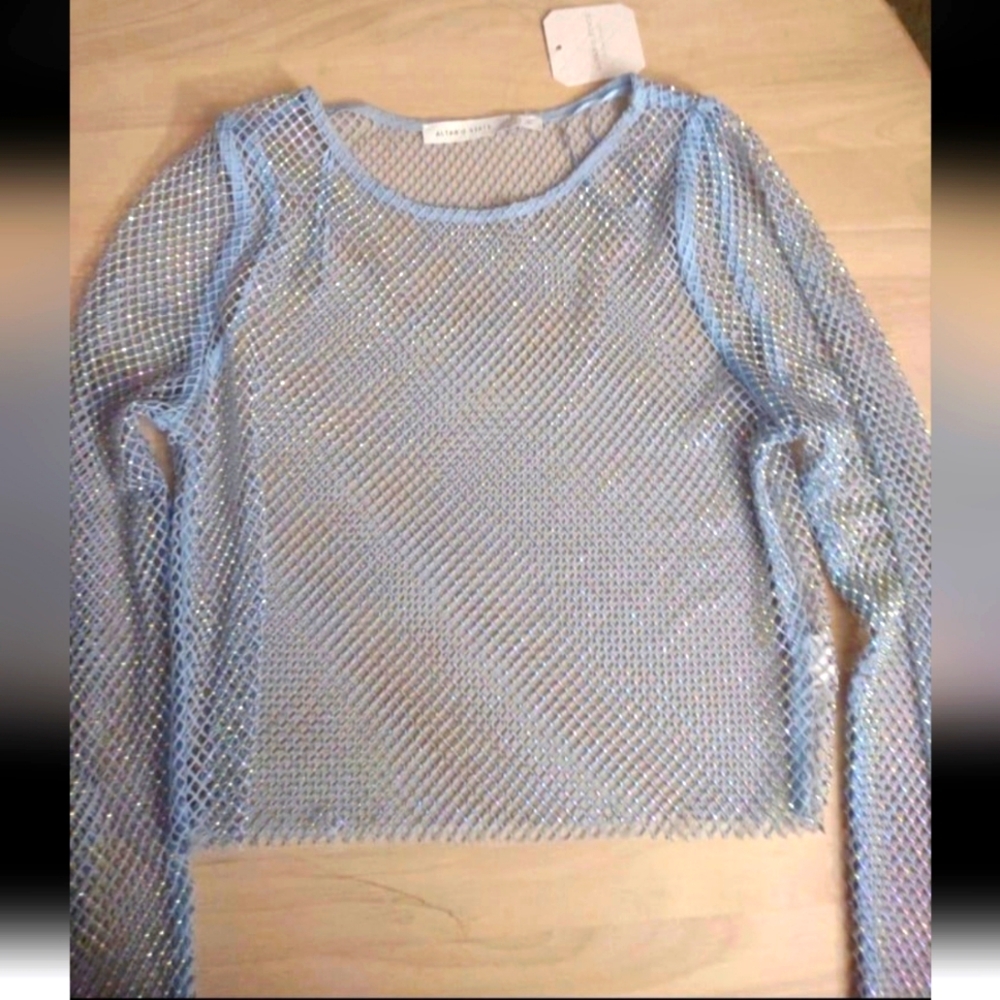 Altar'd State Sky Blue Iridescent Crystal Net Long Sleeve Top y2k Bling